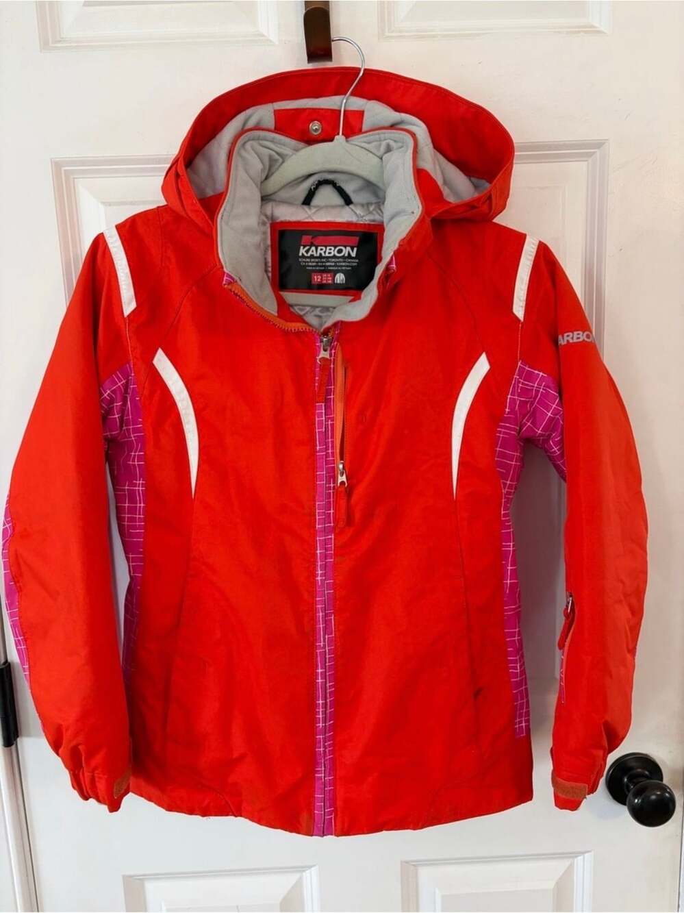 Karbon Ski Jacket Size 12 Red Pink Grid Waterproof Winter Snow Coat